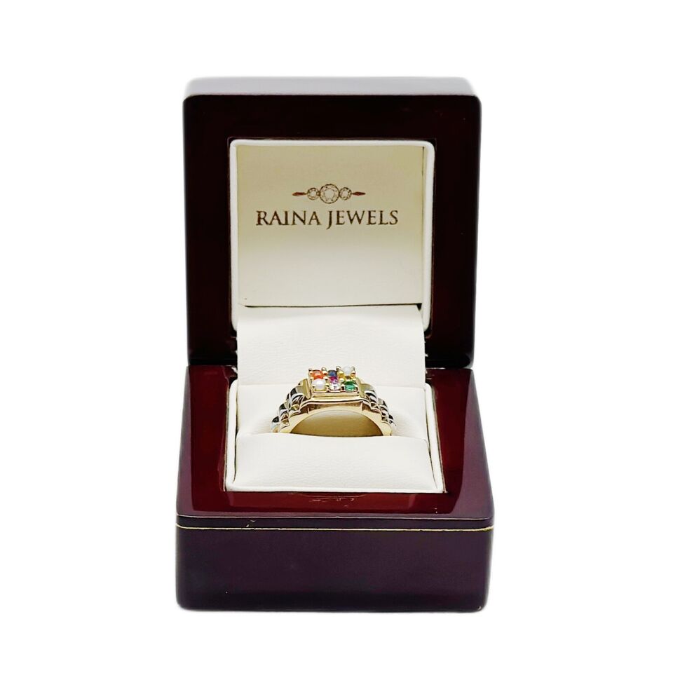 18K Yellow Gold 9 Gemstone Navratna Mens Ring with Diamond and Pearl 1.00ct