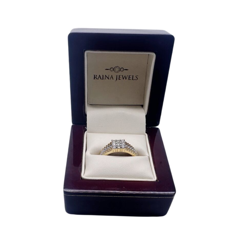 18Ct Yellow Gold Diamond 9 Stone Men's Ring Bi-Colour Ribbed Shank 0.50cts G/SI