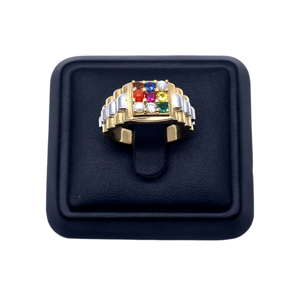 18K Yellow Gold 9 Gemstone Navratna Mens Ring with Diamond and Pearl 1.00ct