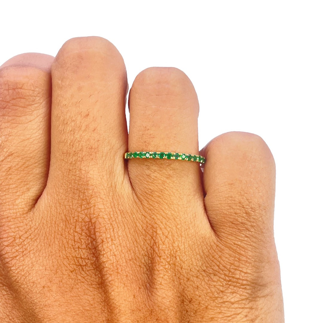 14 Carat Yellow Gold Half Eternity Band with Green Emerald Hallmarked