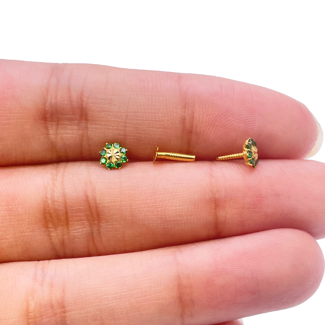 22ct Yellow Gold Diamond Cut Green Cubic Zircon Children's Earrings