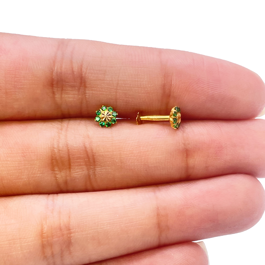 22ct Yellow Gold Diamond Cut Green Cubic Zircon Children's Earrings