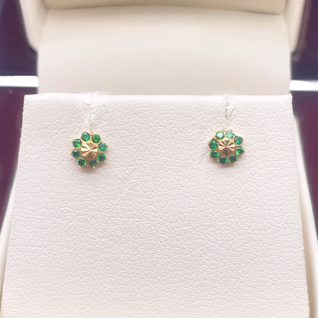 22ct Yellow Gold Diamond Cut Green Cubic Zircon Children's Earrings