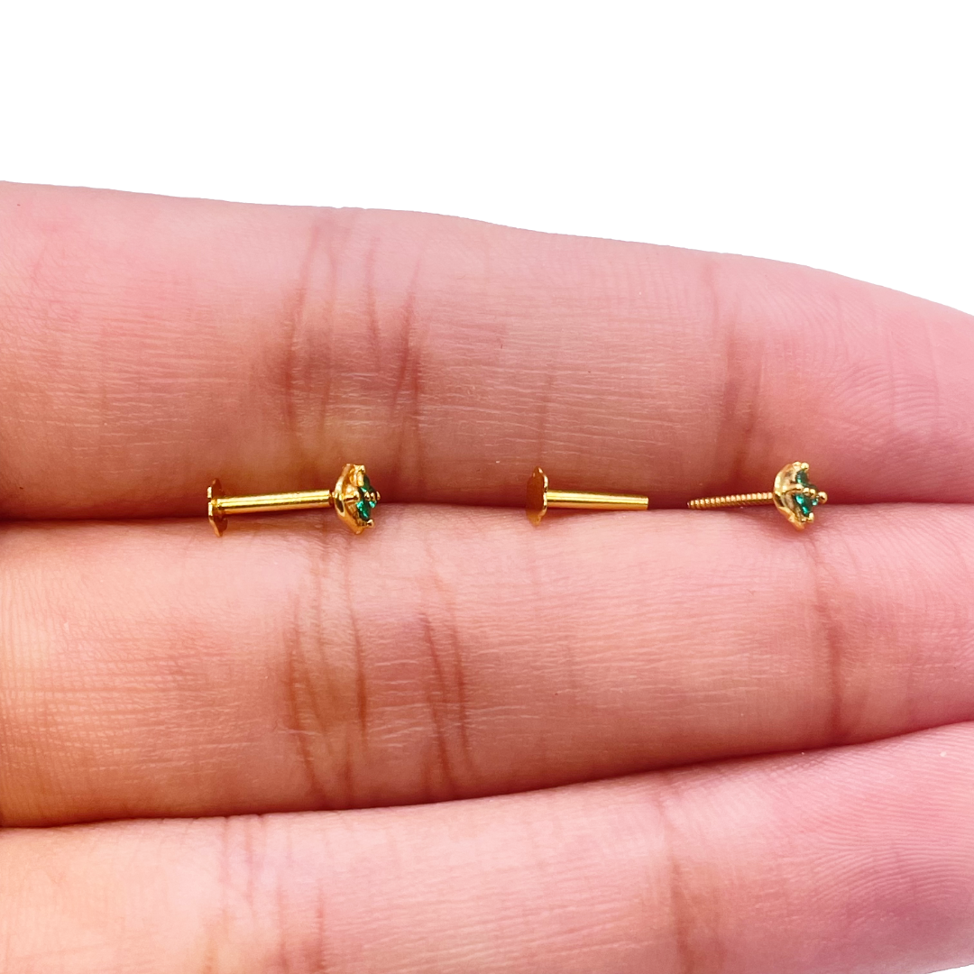 22k Yellow gold Green Cubic Zircon  Baby earrings claw set