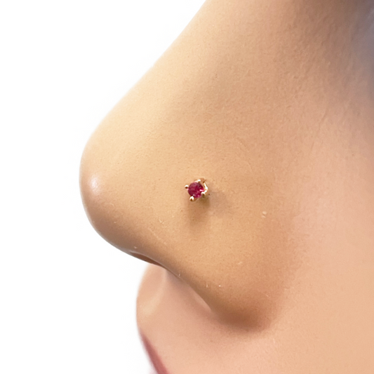 18ct Rose Gold & Natural Ruby Nose Stud Pin 0.02 Carats 4-Claw 1.8 mm