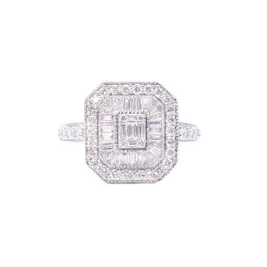 18ct White Gold Diamond Round-Baguette Cluster Ring 0.75ct  Diamond Ring