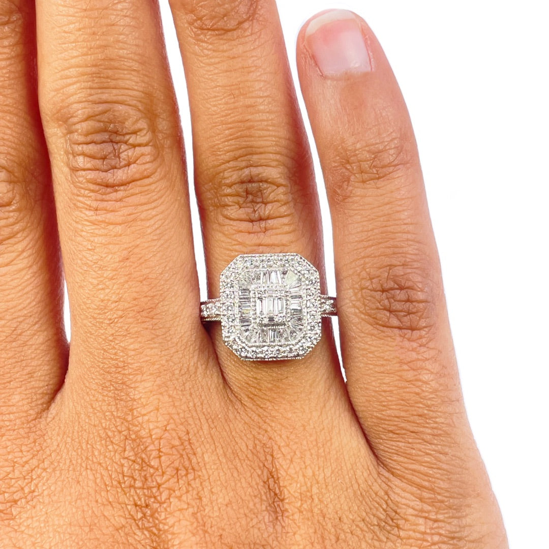 18ct White Gold 0.75ct Diamond Baguette Round Double Halo Milgrain Cluster Ring