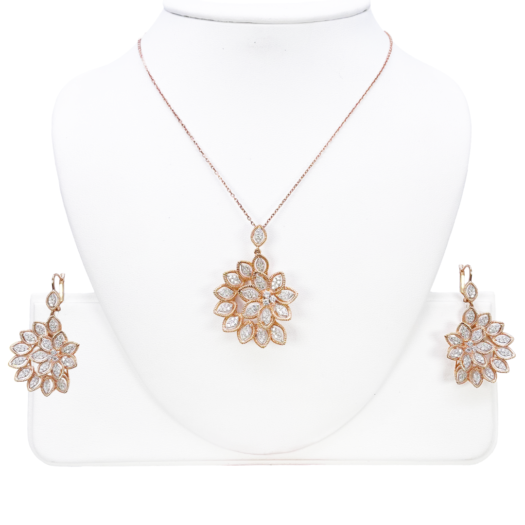 18ct Rose Gold Floral Natural Diamond Pendant, Chain & Matching Earrings 2.60ct 