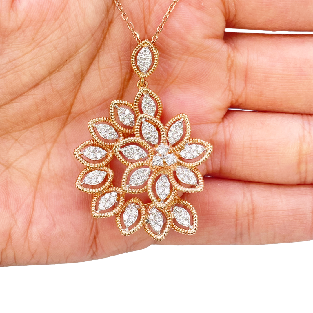18ct Rose Gold Floral Natural Diamond Pendant, Chain & Matching Earrings 2.60ct 
