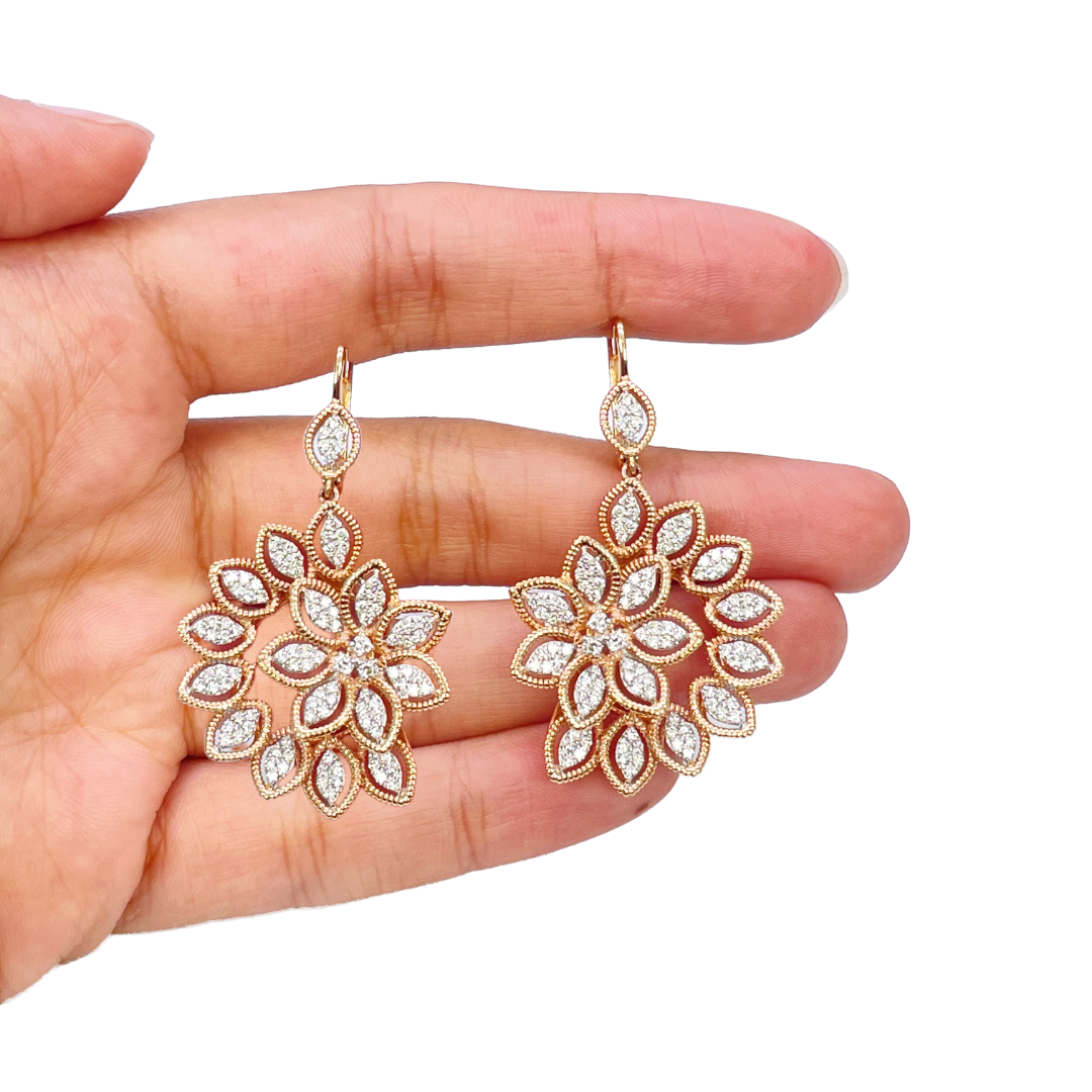 18ct Rose Gold Floral Natural Diamond Pendant, Chain & Matching Earrings 2.60ct 