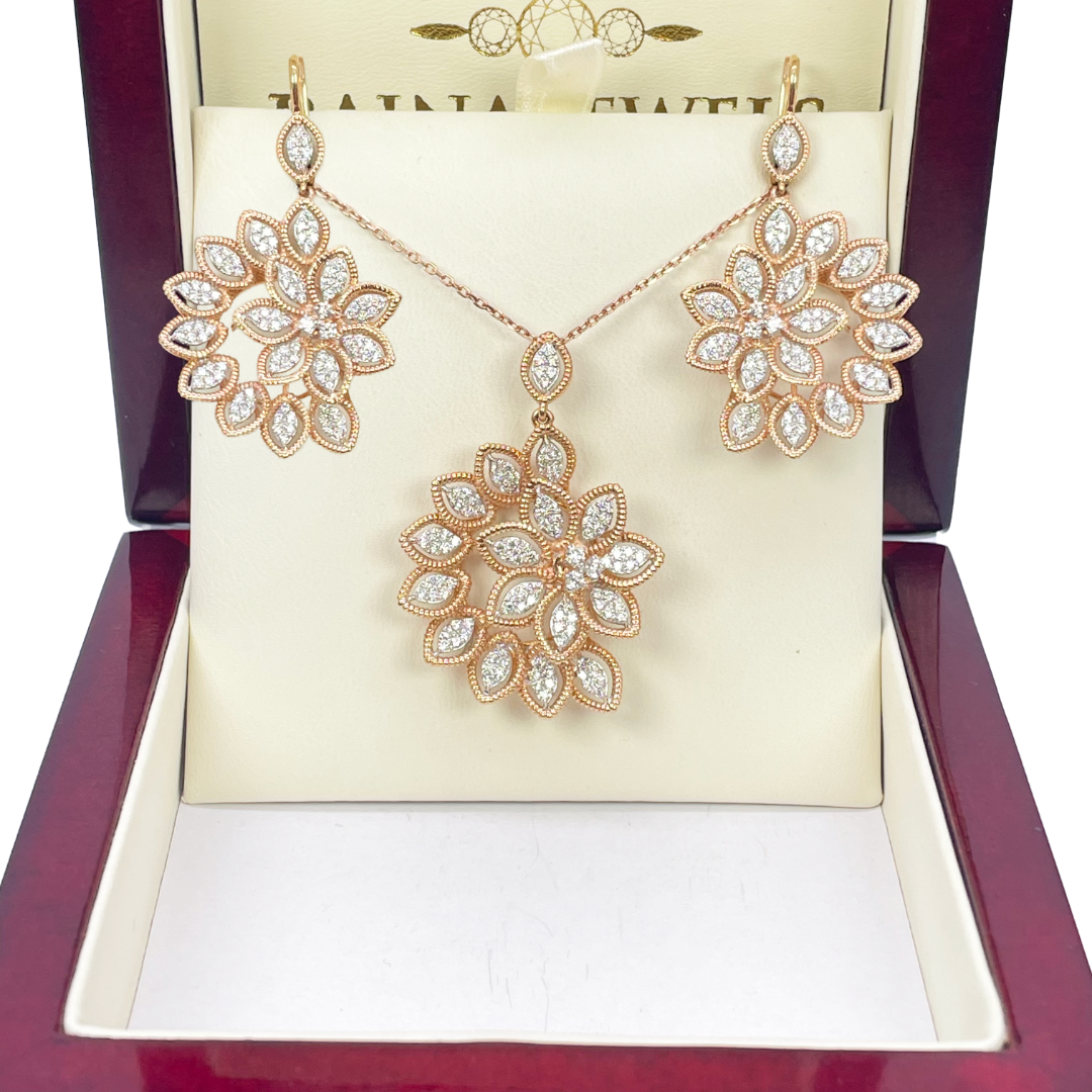 18ct Rose Gold Floral Natural Diamond Pendant, Chain & Matching Earrings 2.60ct 