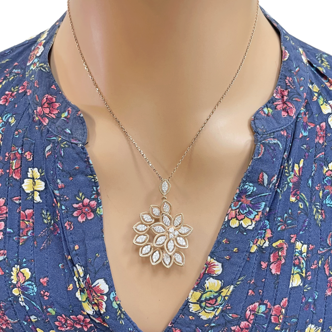 18ct Rose Gold Floral Natural Diamond Pendant, Chain & Matching Earrings 2.60ct 