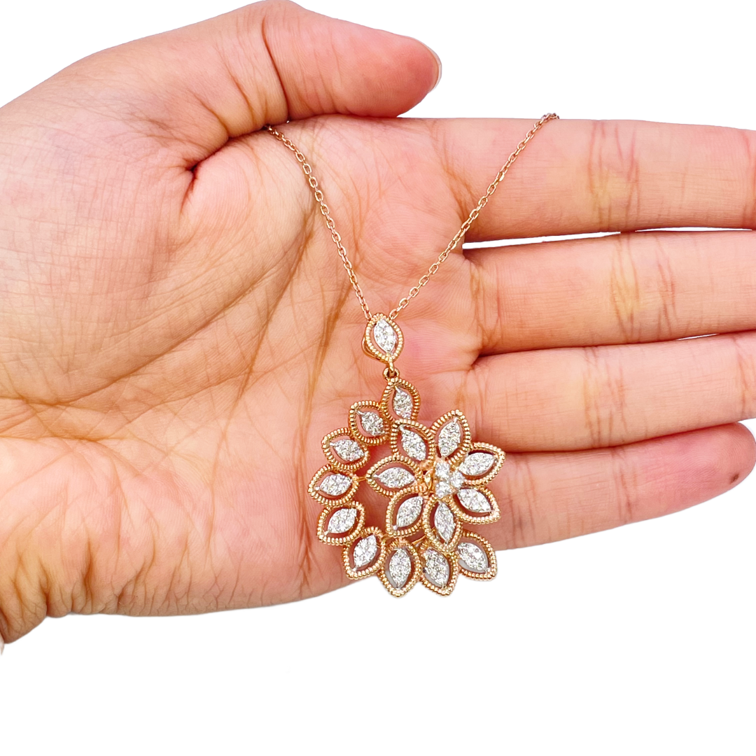 18ct Rose Gold Floral Natural Diamond Pendant, Chain & Matching Earrings 2.60ct 