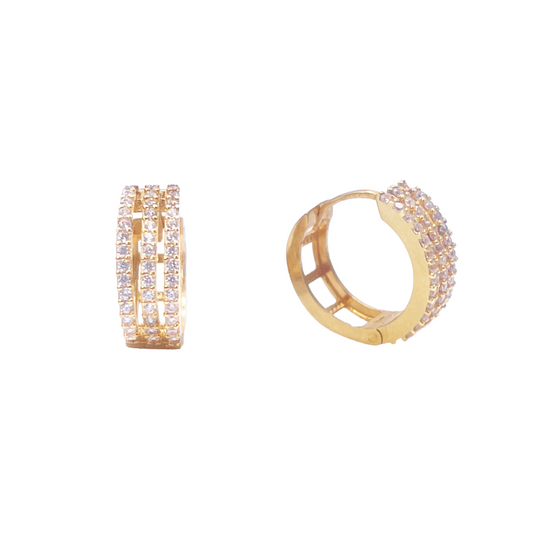 22ct Yellow Gold Cubic Zirconia Cluster Three Row Hoop Huggie Earrings