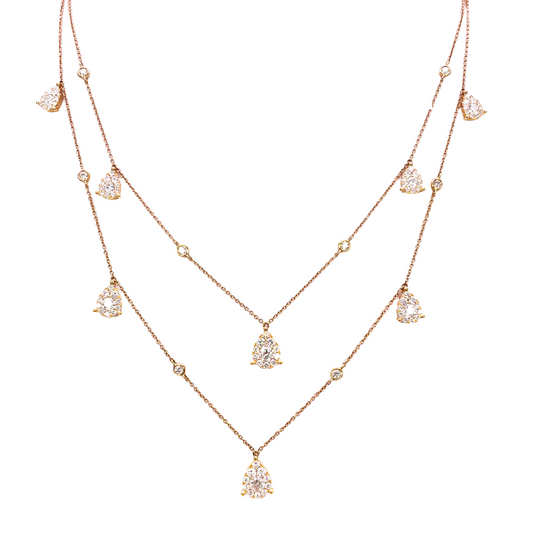 18ct Rose Gold Layered Necklace With Bezel & Claw Set Natural Round Diamonds 2.74ct
