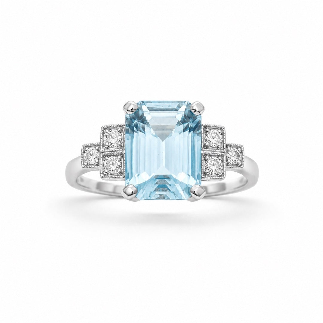 Platinum Emerald Cut Aquamarine Diamond Milgrain Step Shoulder Ring 1.85ct