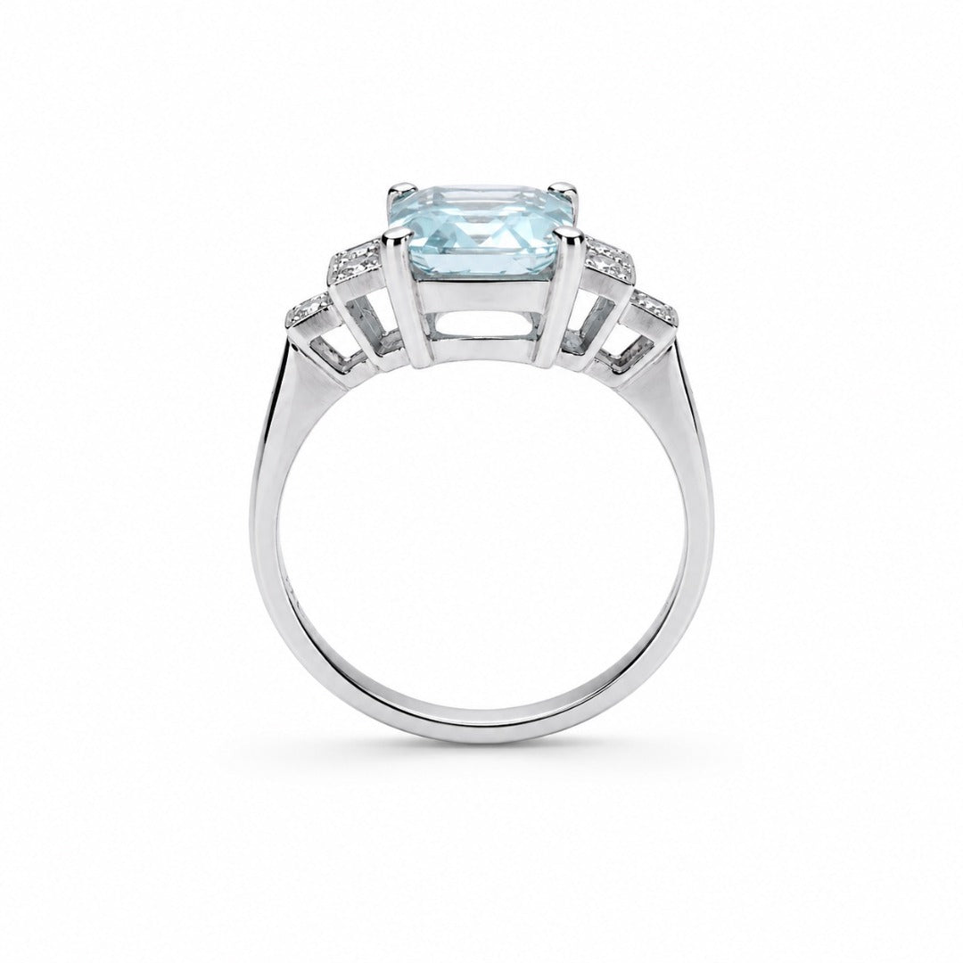 Platinum Emerald Cut Aquamarine Diamond Milgrain Step Shoulder Ring 1.85ct