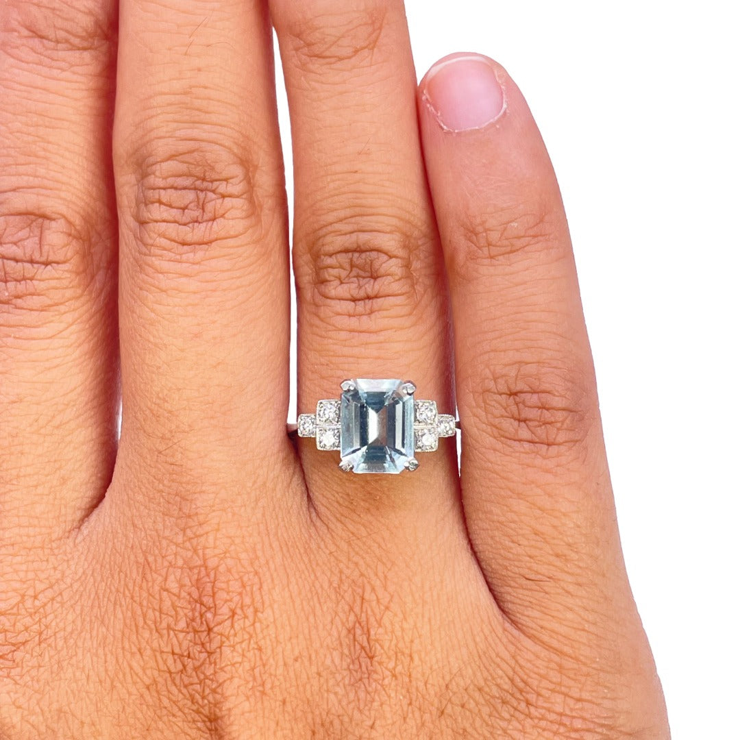 Platinum Emerald Cut Aquamarine Diamond Milgrain Step Shoulder Ring 1.85ct