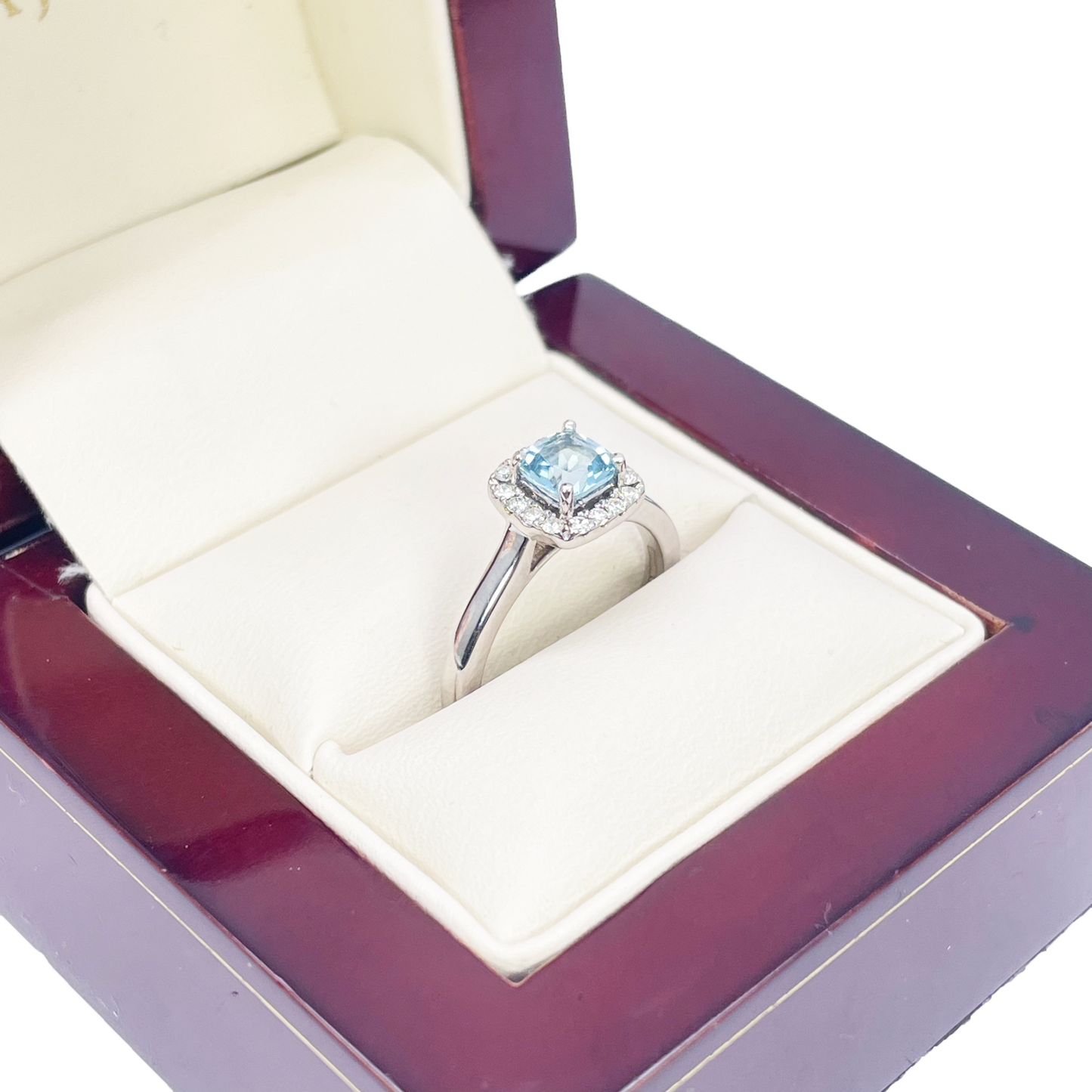 18ct White Gold Aquamarine & Diamond Halo Cluster Cushion Ring 0.70ct
