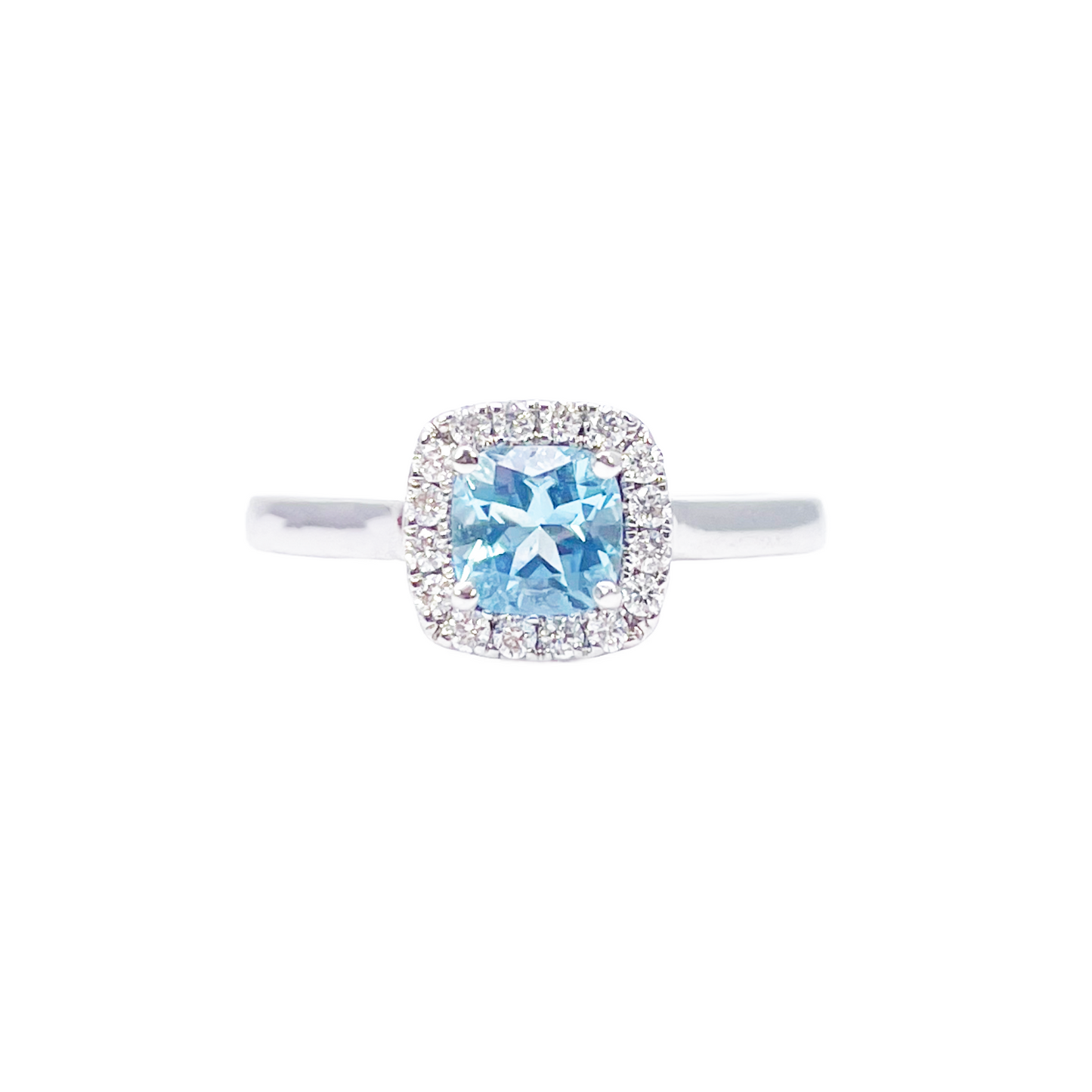 18ct White Gold Aquamarine & Diamond Halo Cluster Cushion Ring 0.70ct