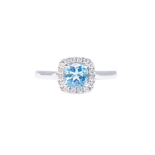 18ct White Gold Aquamarine & Diamond Halo Cluster Cushion Ring 0.70ct