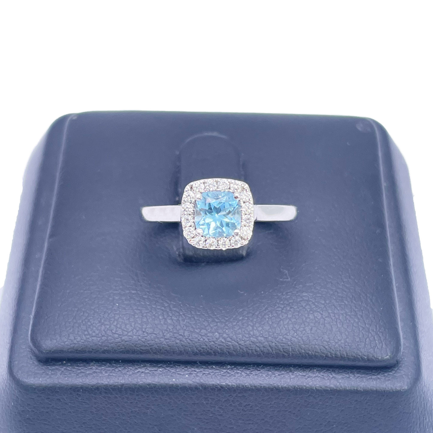 18ct White Gold Aquamarine & Diamond Halo Cluster Cushion Ring 0.70ct