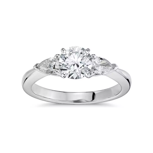 Platinum Round & Pear Natural Diamond Claw Set Trilogy Ring 0.75ct GIA Certified