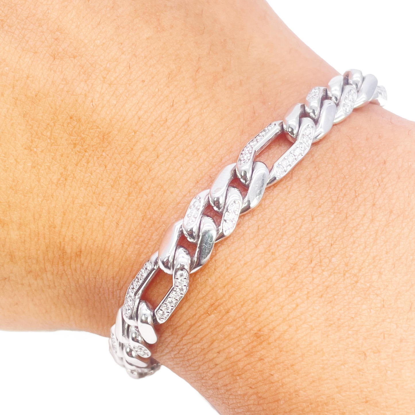 14ct Gold Natural Round Diamond Figaro Mens Bracelet 1.60ct 8 Inches  Diamond Bracelets