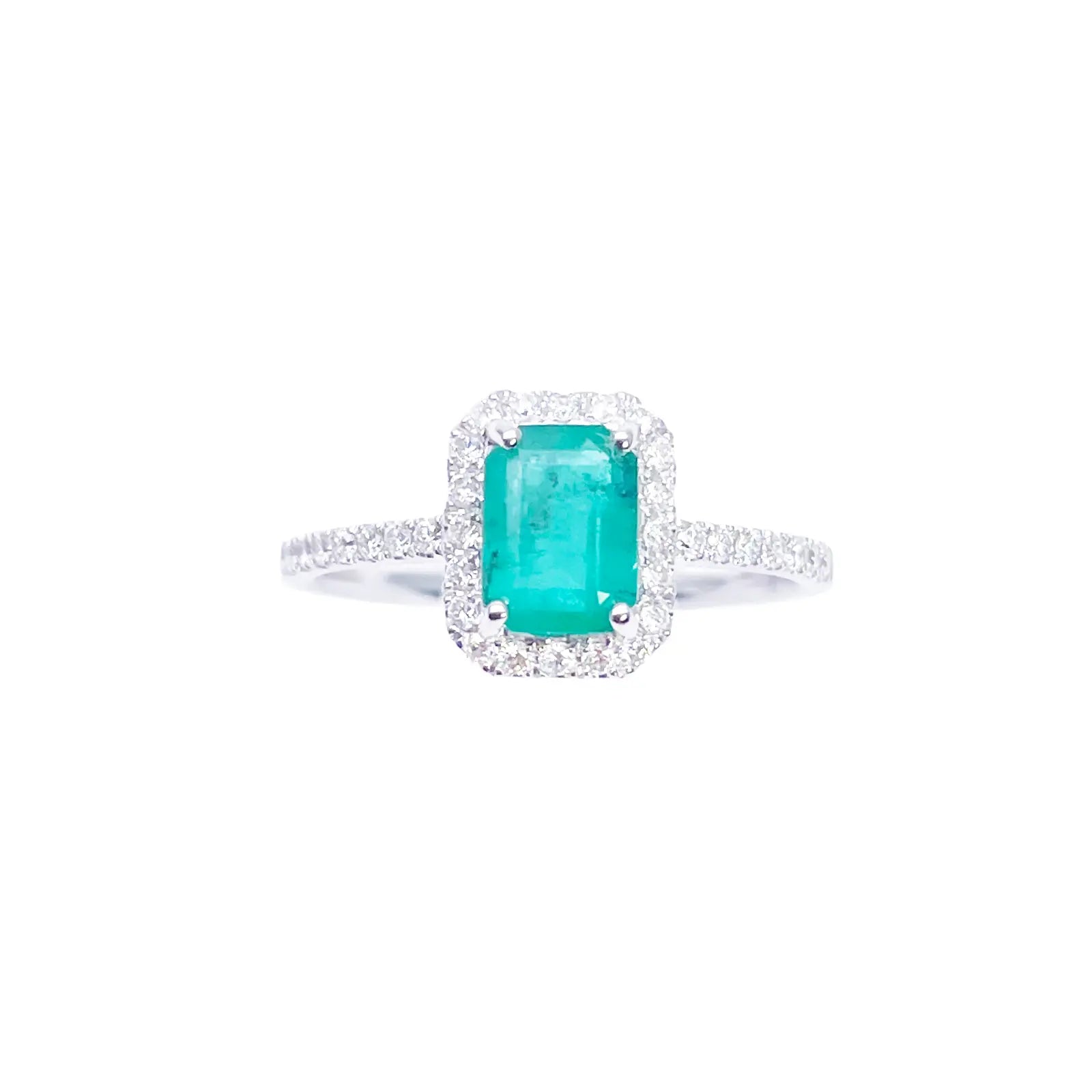 14ct White Gold 4-Claw Natural Emerald & Round Diamond Ring 1.15ct  Diamond Ring
