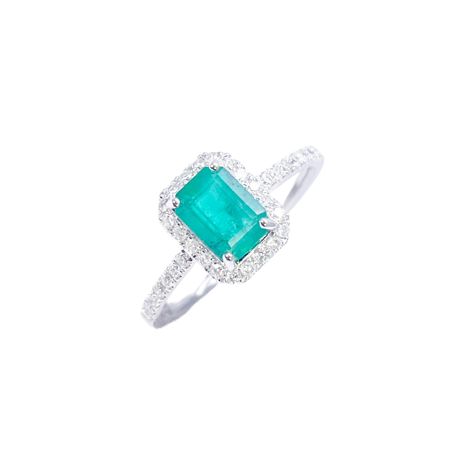 14ct White Gold 4-Claw Natural Emerald & Round Diamond Ring 1.15ct  Diamond Ring