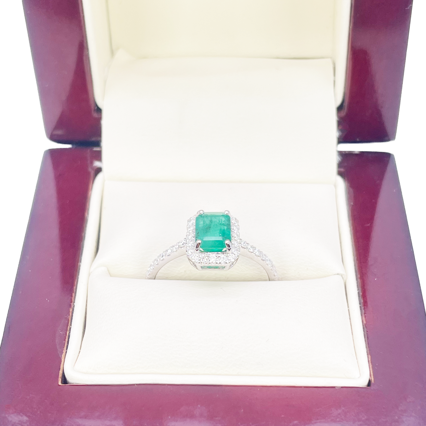 14ct White Gold 4-Claw Natural Emerald & Round Diamond Ring 1.15ct  Diamond Ring