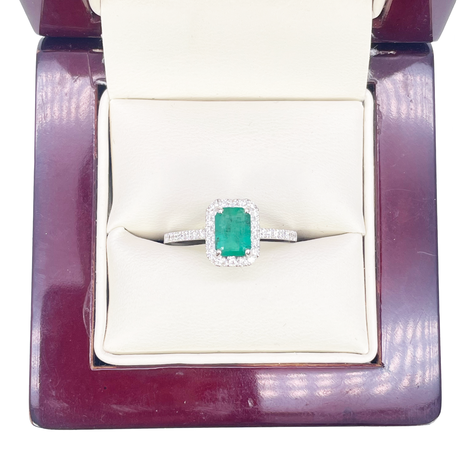 14ct White Gold 4-Claw Natural Emerald & Round Diamond Ring 1.15ct  Diamond Ring