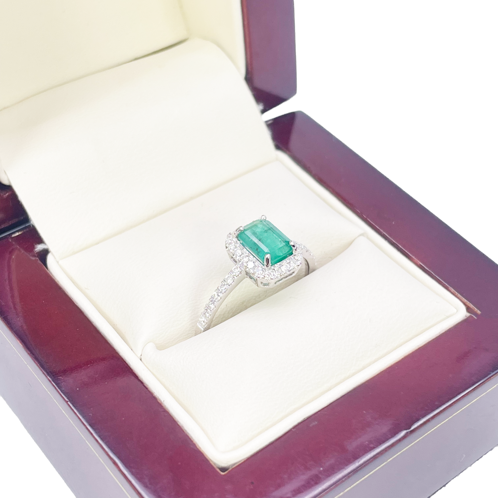 14ct White Gold 4-Claw Natural Emerald & Round Diamond Ring 1.15ct  Diamond Ring