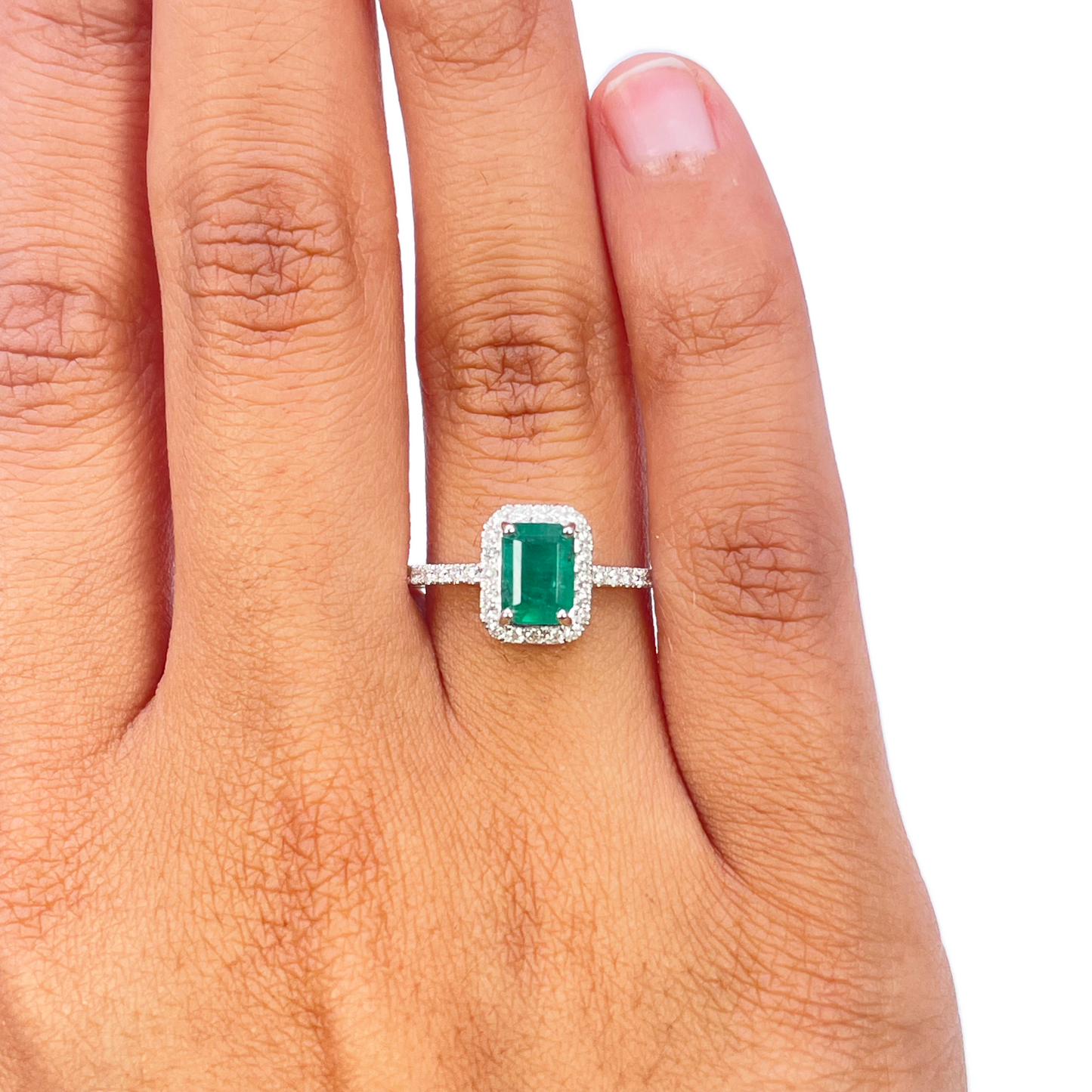 14ct White Gold 4-Claw Natural Emerald & Round Diamond Ring 1.15ct  Diamond Ring