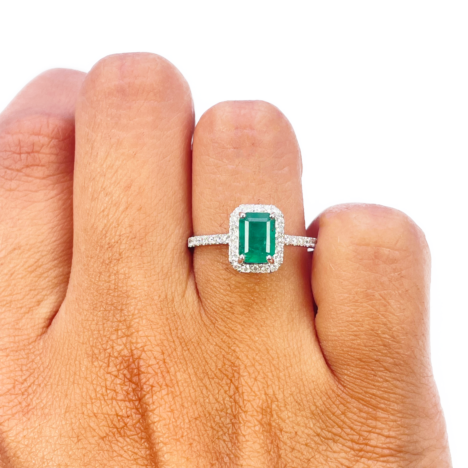 14ct White Gold 4-Claw Natural Emerald & Round Diamond Ring 1.15ct  Diamond Ring