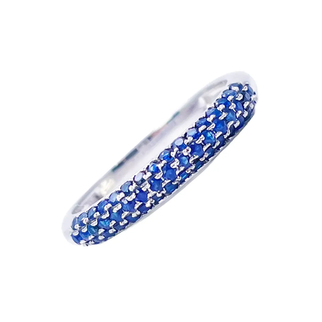 14ct White Gold Blue Sapphire 3 Row Dome Shaped Pave Set Ring 0.41ct 