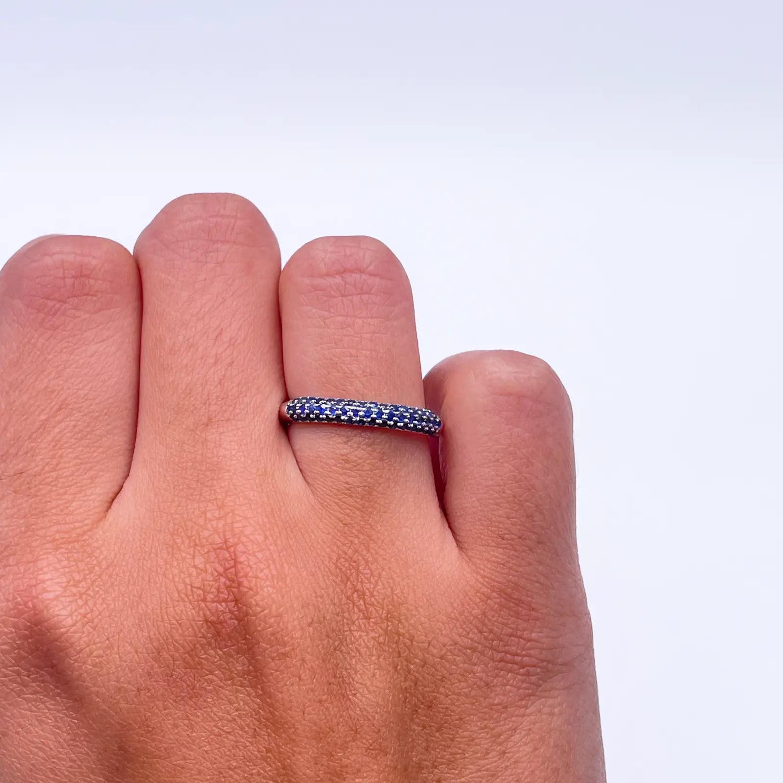 14ct White Gold Blue Sapphire 3 Row Dome Shaped Pave Set Ring 0.41ct 