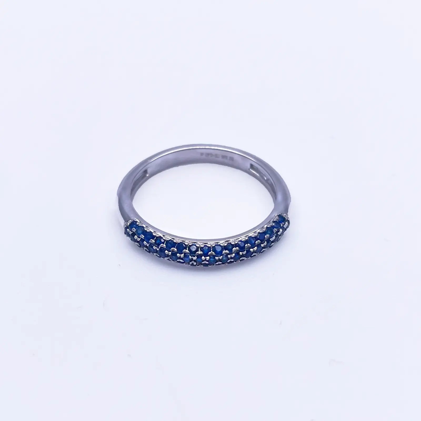 14ct White Gold Blue Sapphire 3 Row Dome Shaped Pave Set Ring 0.41ct 