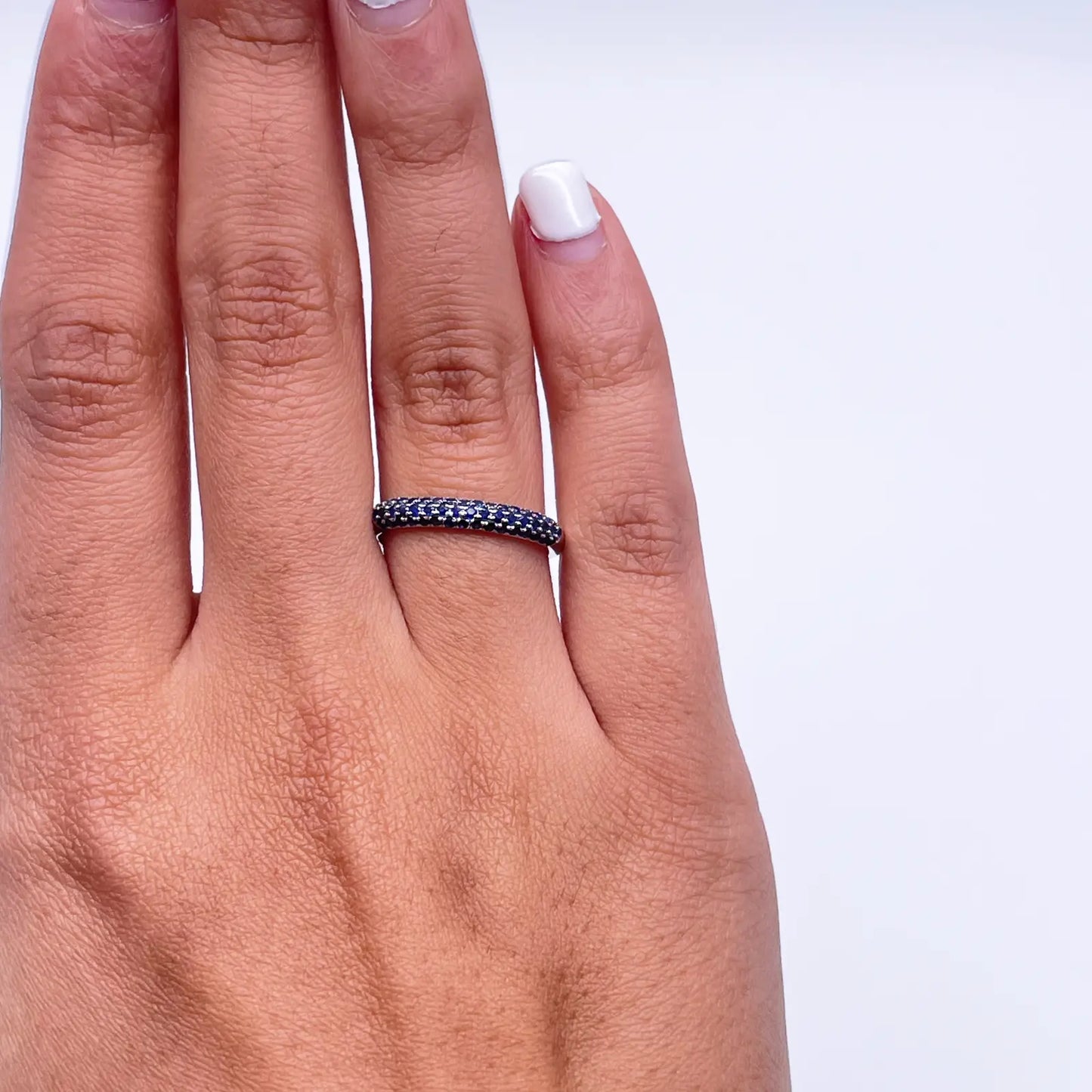 14ct White Gold Blue Sapphire 3 Row Dome Shaped Pave Set Ring 0.41ct 