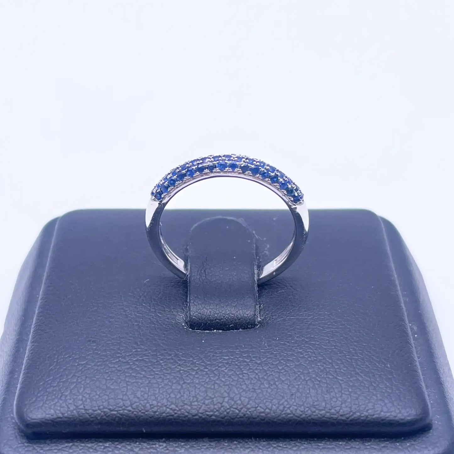 14ct White Gold Blue Sapphire 3 Row Dome Shaped Pave Set Ring 0.41ct 