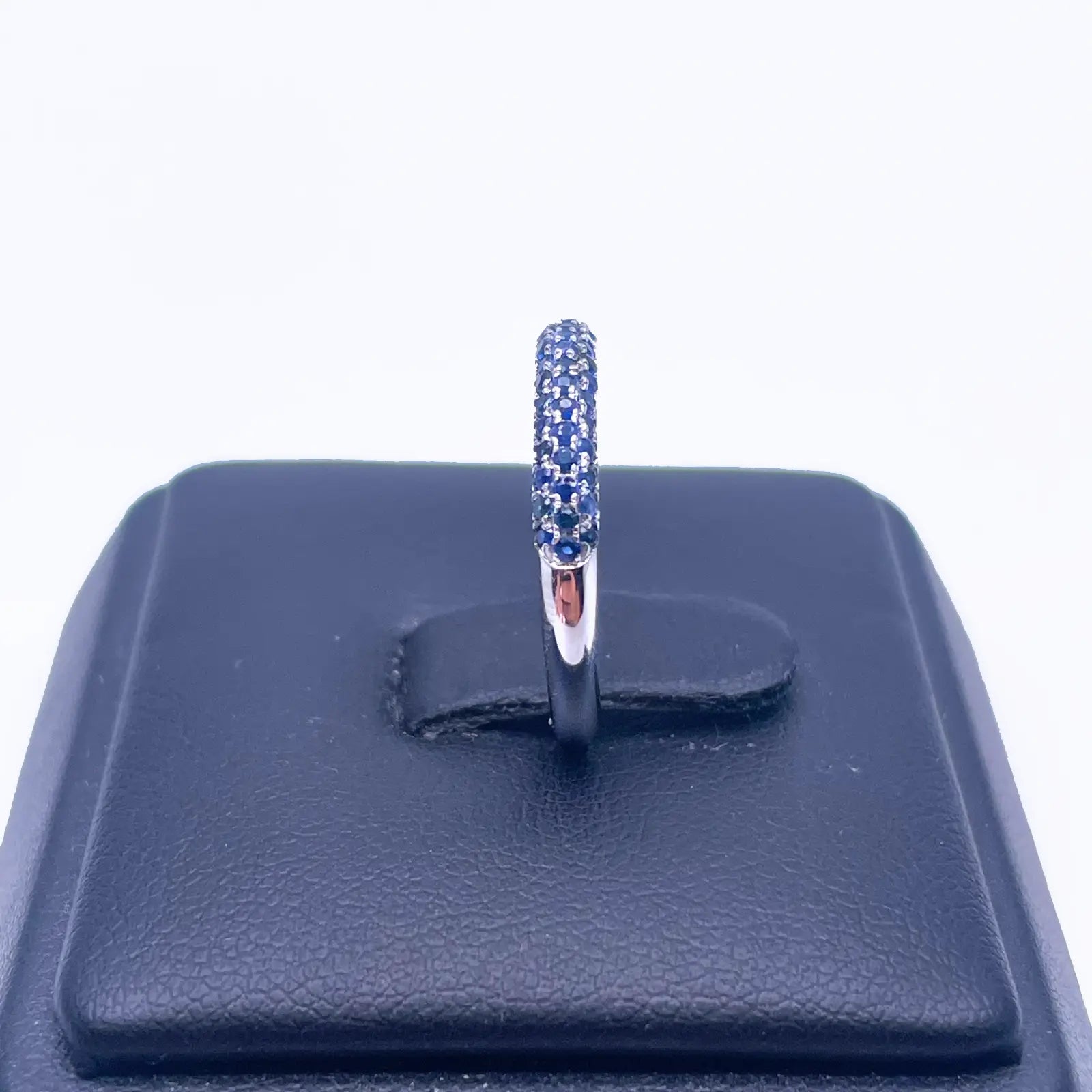 14ct White Gold Blue Sapphire 3 Row Dome Shaped Pave Set Ring 0.41ct 