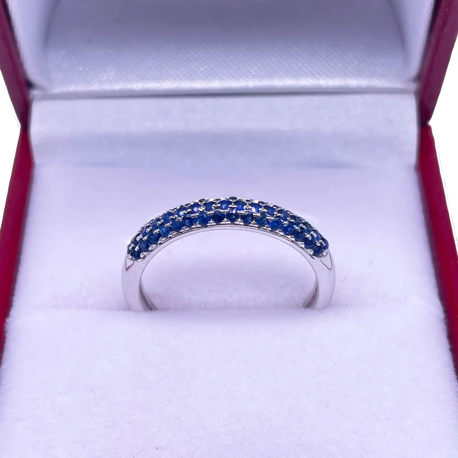 14ct White Gold Blue Sapphire 3 Row Dome Shaped Pave Set Ring 0.41ct 