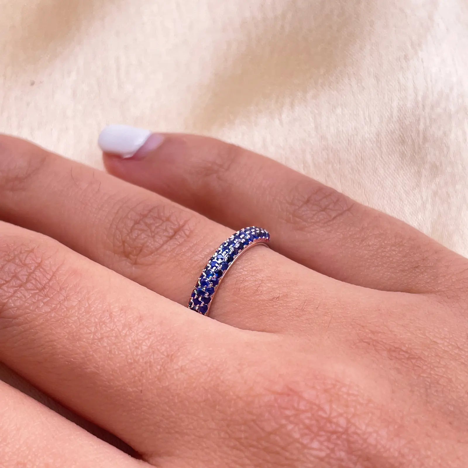 14ct White Gold Blue Sapphire 3 Row Dome Shaped Pave Set Ring 0.41ct 