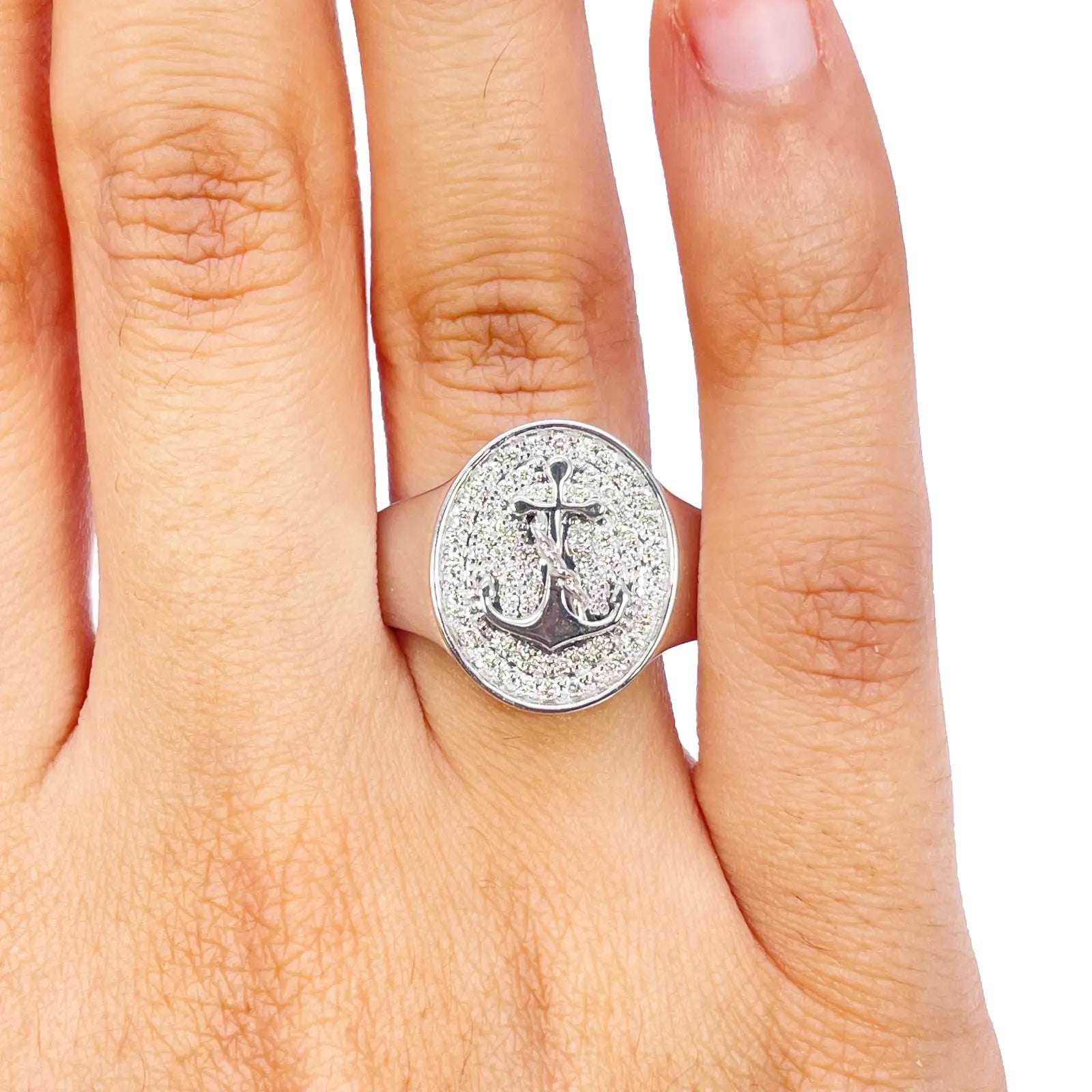 14ct White Gold Diamond Anchor Sailor Cluster Signet Ring 0.37ct  Diamond Ring