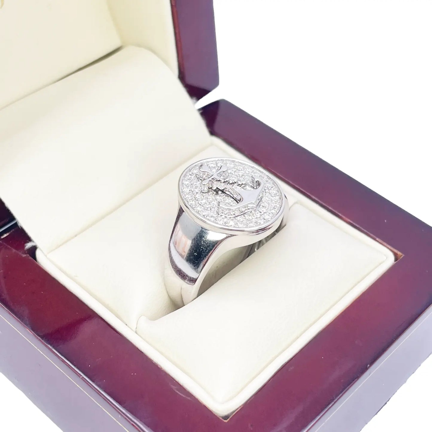14ct White Gold Diamond Anchor Sailor Cluster Signet Ring 0.37ct  Diamond Ring