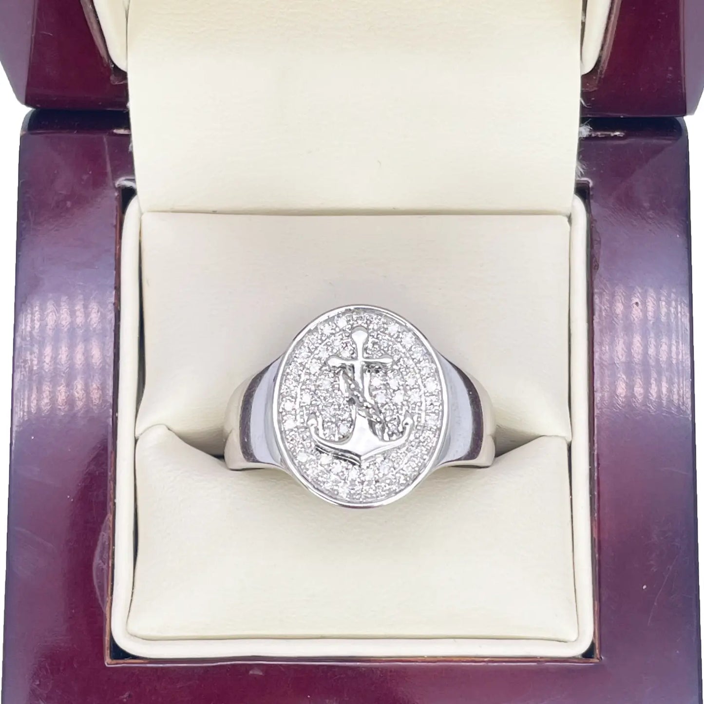 14ct White Gold Diamond Anchor Sailor Cluster Signet Ring 0.37ct  Diamond Ring