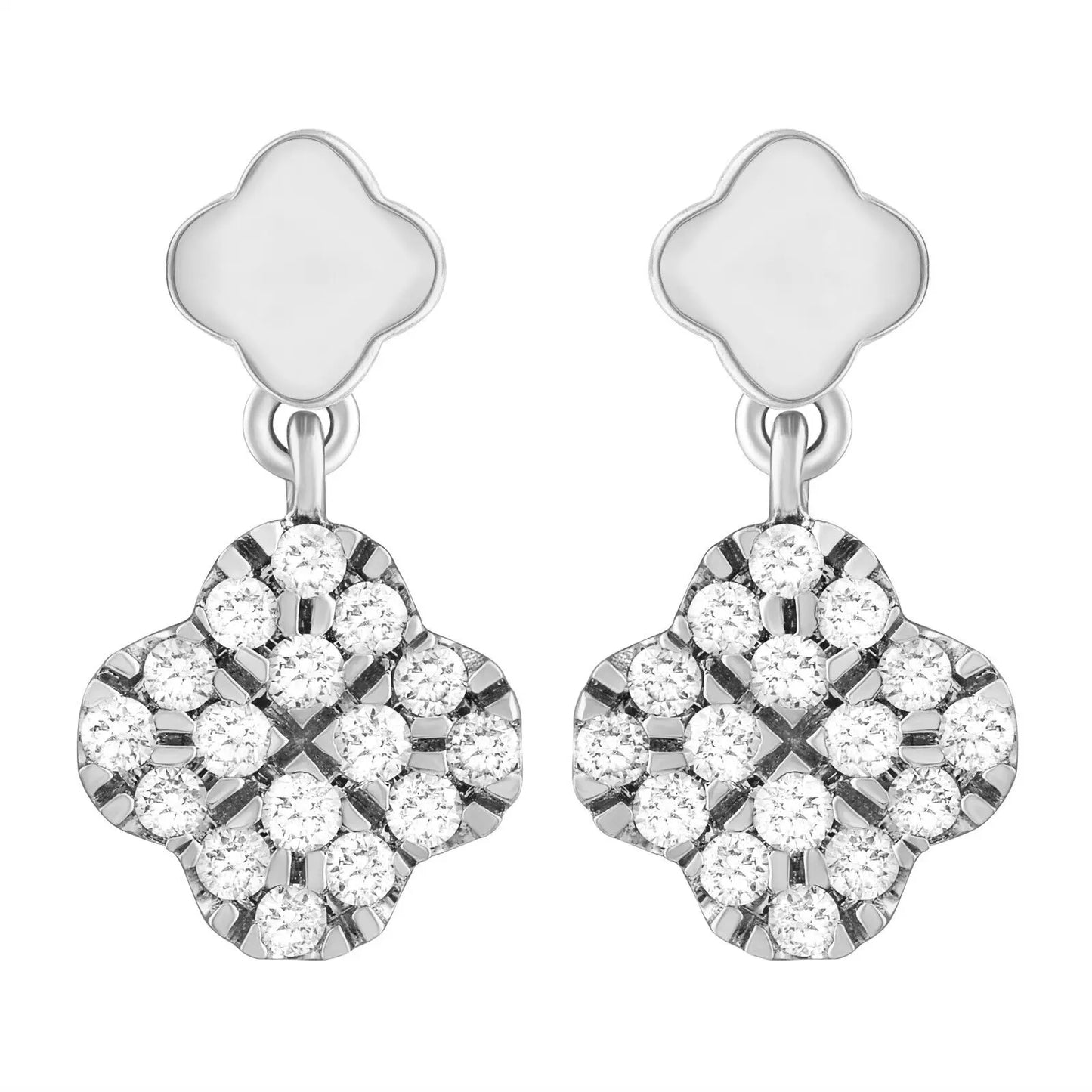 14ct White Gold Diamond Clover Drop Cluster Stud Earrings 0.21ct 
