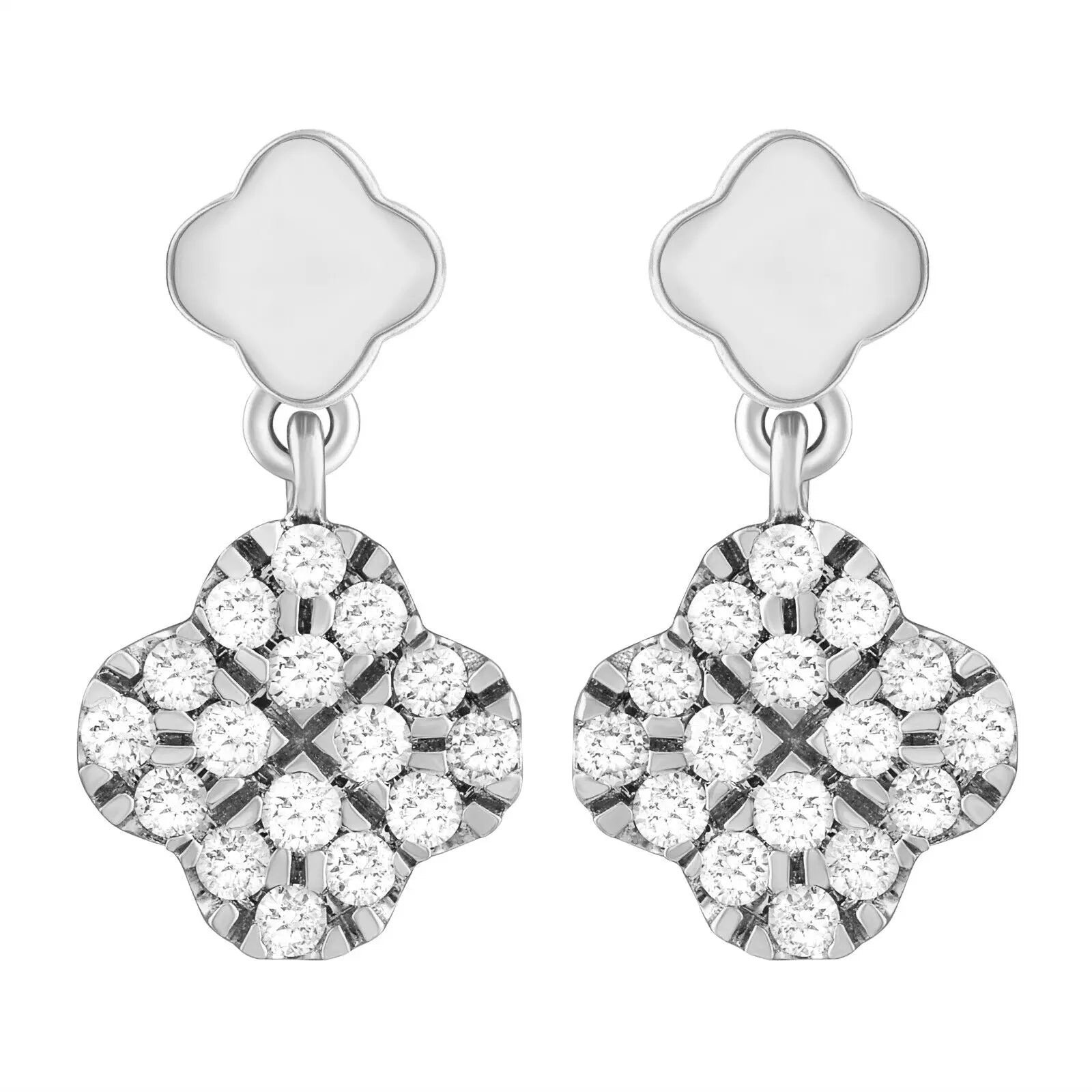 14ct White Gold Diamond Clover Drop Cluster Stud Earrings 0.21ct 