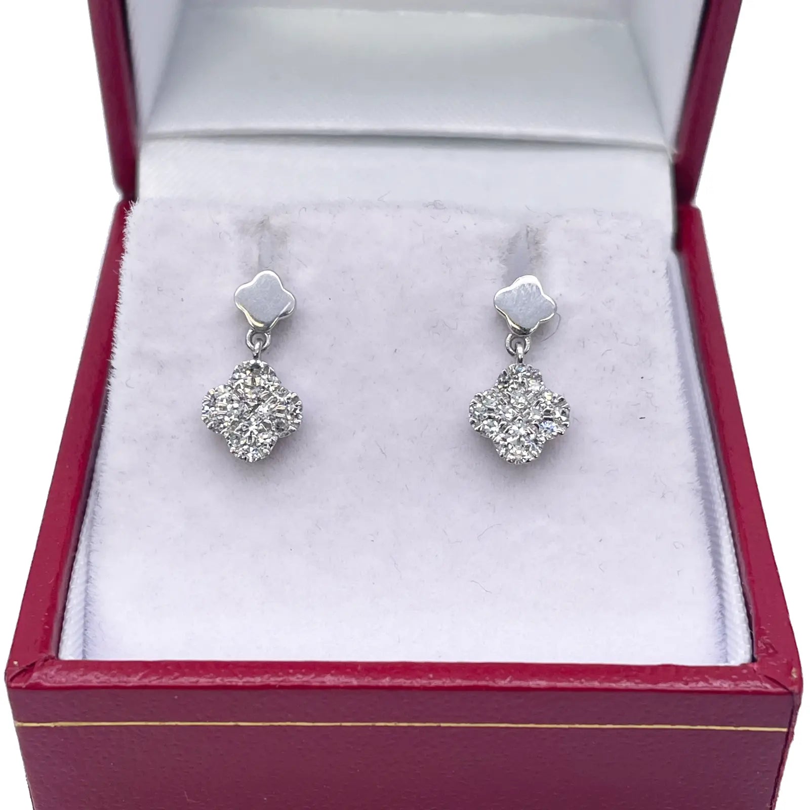 14ct White Gold Diamond Clover Drop Cluster Stud Earrings 0.21ct 