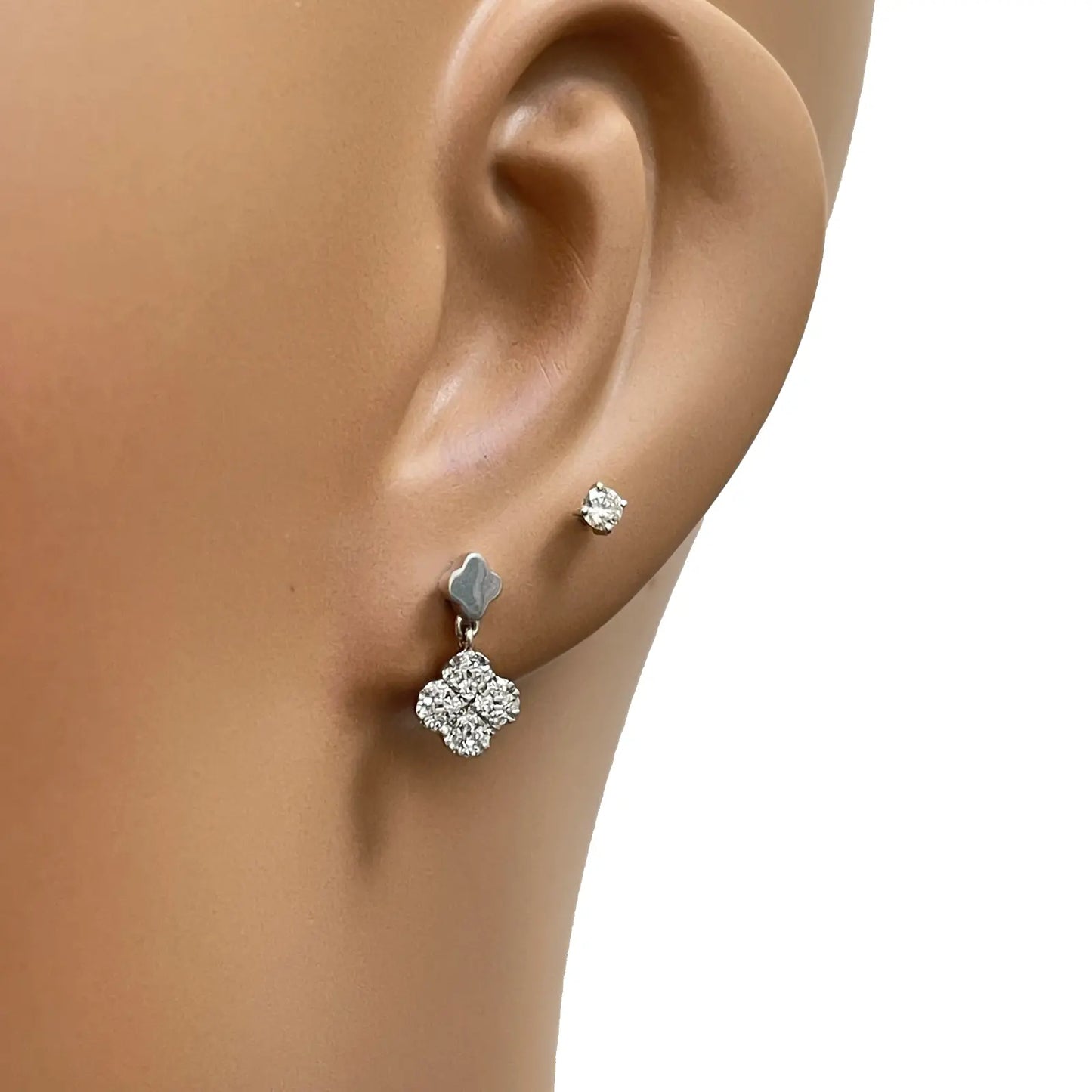 14ct White Gold Diamond Clover Drop Cluster Stud Earrings 0.21ct 